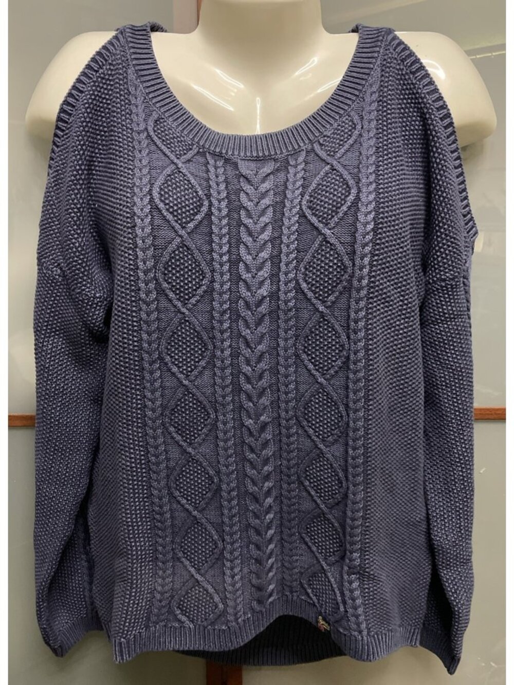 Superdry Navy Blue Size 8 Cold Shoulder Cable Knit Sweater Cotton Slouchy Loose